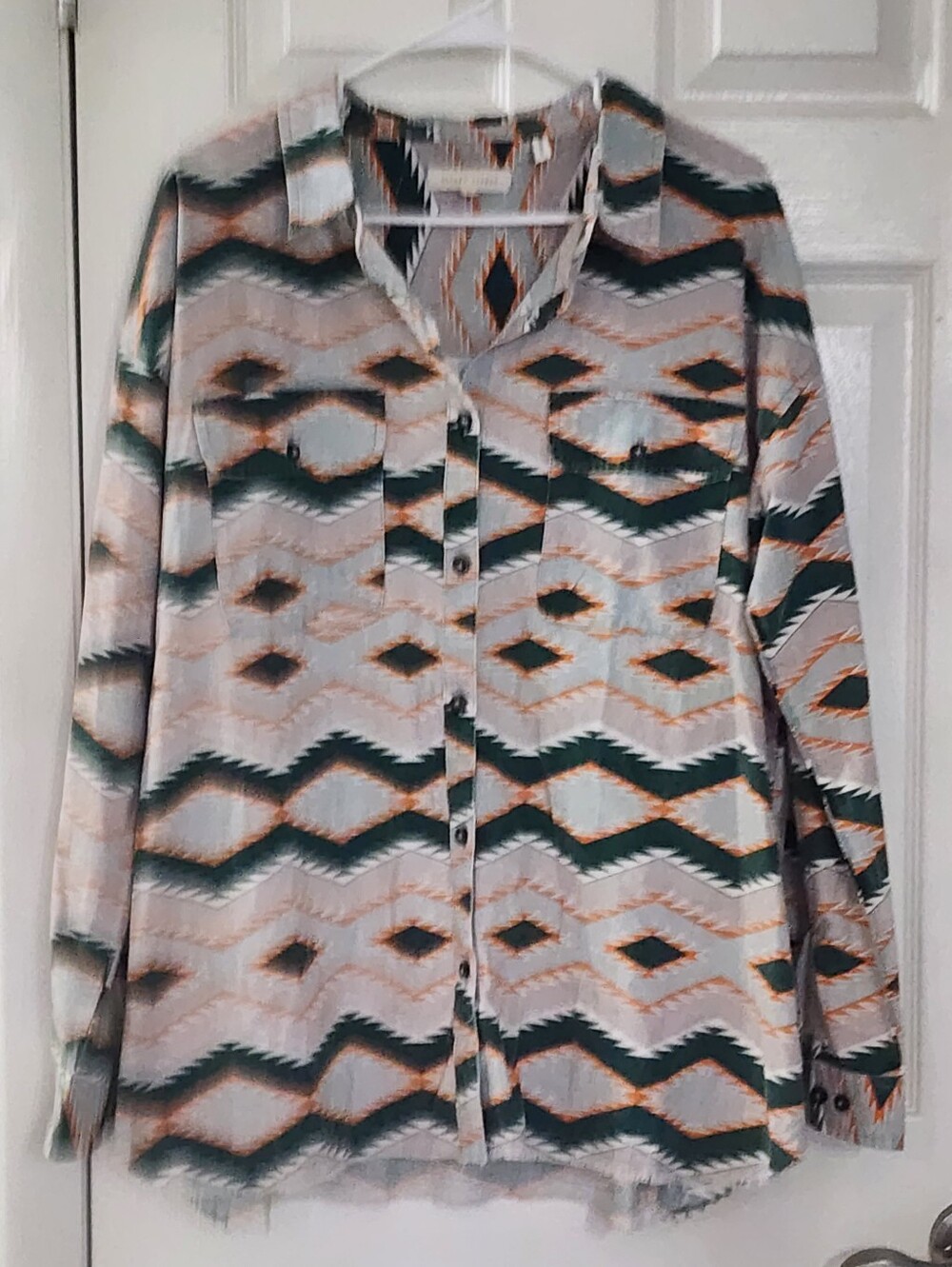 Gilded Intent Oversized Aztec Southwest Flannel Shirt L Grey Green Raw Hem